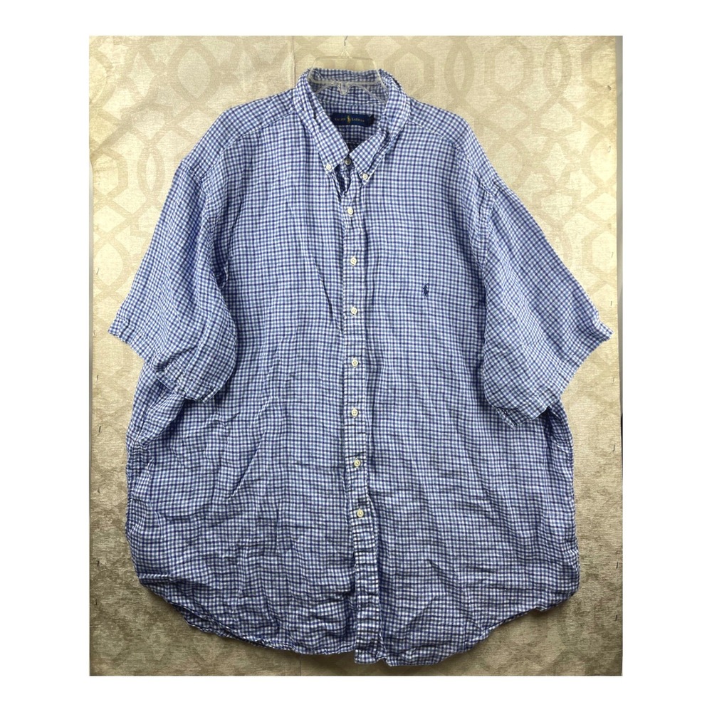 Ralph Lauren Shirt Mens 4XLT Blue Gingham Linen Short Sleeve Button Up